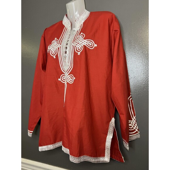 Embroidered Tunic Shirt Mens Size 4 Red White Boho Kurta Kaftan Festival Top - Picture 5 of 8